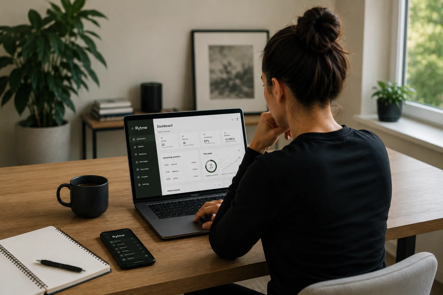 AI-generated concept image of a personal trainer reviewing client work in Rytme from a laptop