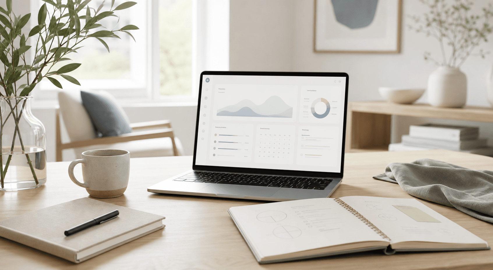 A laptop dashboard beside a notebook with calm planning notes